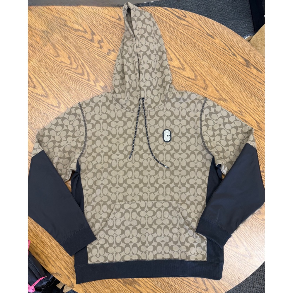 Coach Mens Signature Mixed Media Hoodie Khaki Black Monogram XL 89747